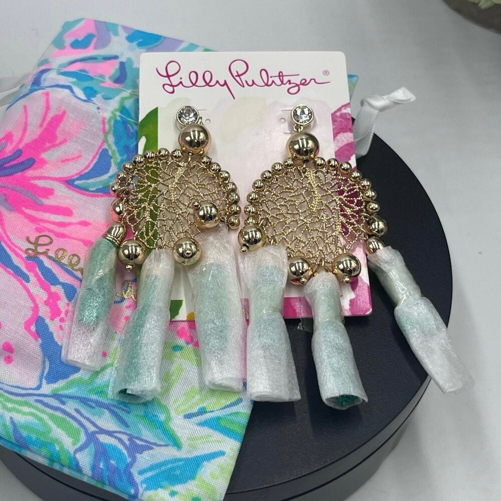 Lilly Pulitzer Sea Dreamer Tassel Dangle Earrings Agave Green Gold Tone‎